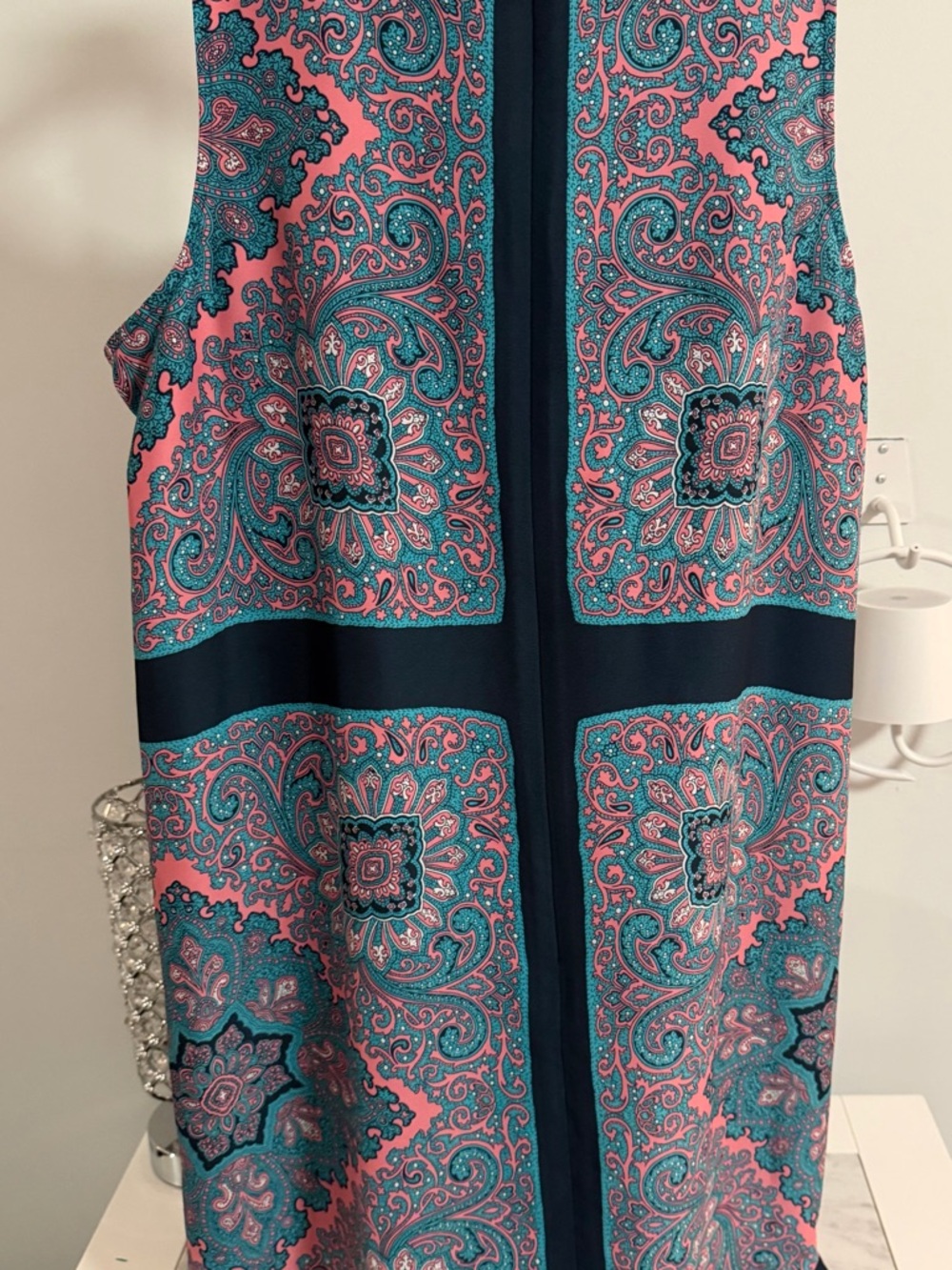 LOFT Teal and Pink Paisley Shift Dress with Navy Panel